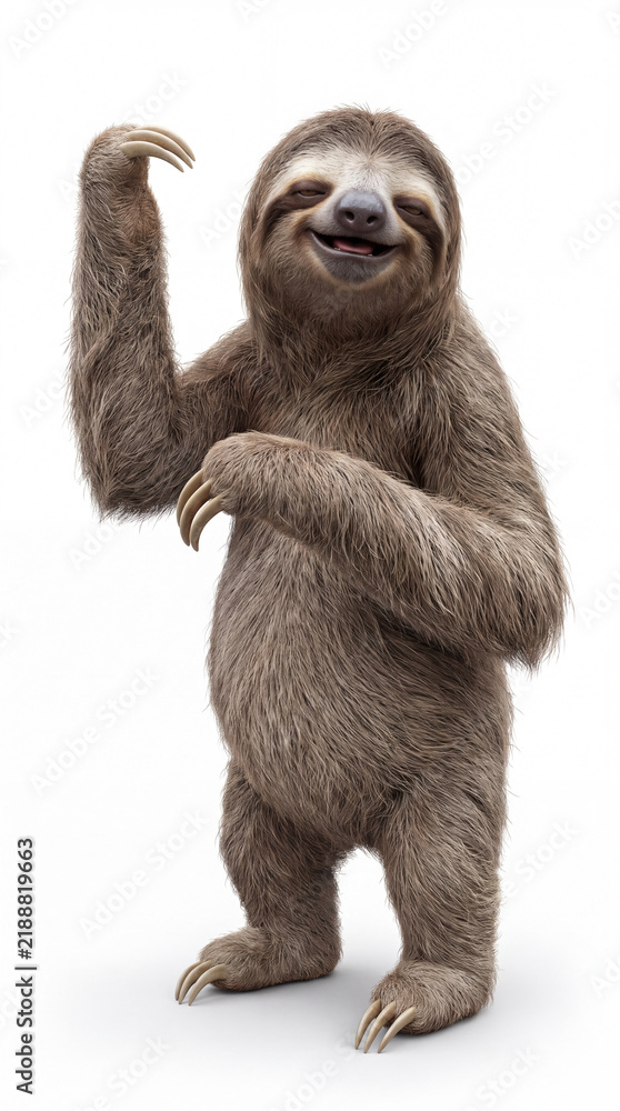 Obraz premium Humorous sloth standing upright with one arm raised in a playful gesture, showcasing a charming smile on its face. Isolated on white background. Image made using Generative AI.