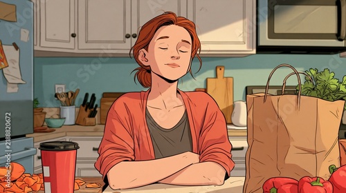 Woman pauses in kitchen with eyes closed, arms crossed, after grocery shopping