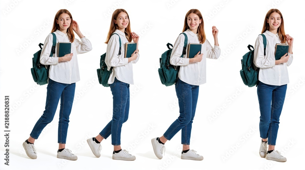 Fototapeta premium Young woman college student with backpack and books, smiling and walking confidently