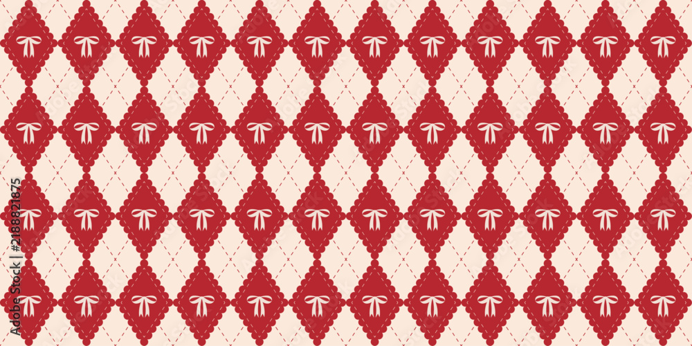 Obraz premium Coquette red argyle seamless pattern with bow. Cute harlequin rhombus background. Festive xmas print for textile, fabric and wrapping paper. Diamond shaped preppy pattern. Vector illustration