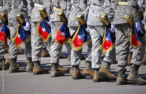 Foto Line of Air Force cadets marching with a bugle and a pennant bearing the Chilean