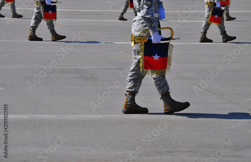 Bild auf Leinwand Air Force cadet musicians marching with bugles and pennants bearing the Chilean
