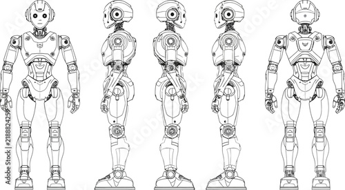 Humanoid robot multi-view technical blueprint and mechanical drawing