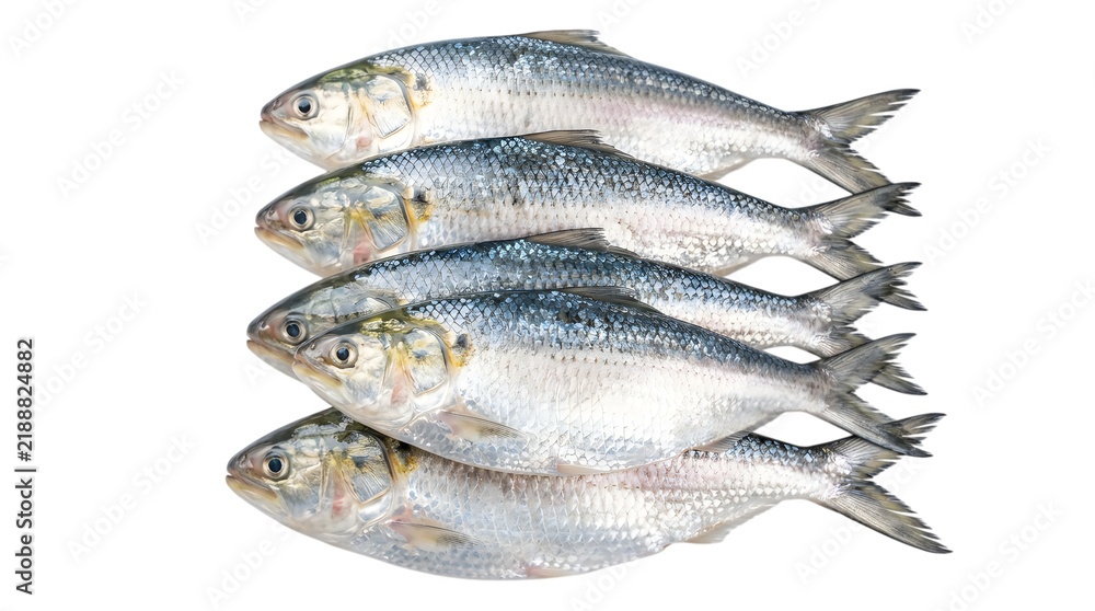 Fototapeta premium Fresh Raw Hilsa Fish Tenualosa Ilisha Stacked Whole Silver Fish Isolated