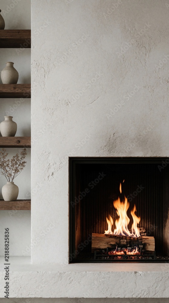 Obraz premium Modern fireplace burns wood logs in minimalist interior. White textured wall surrounds hearth with warm flames, decorative shelves with vases add style. Rustic home decor elements create cozy