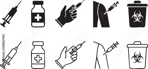 Vaccination and Medical Injection Vector Silhouettes and Outlines Isolated on White Background