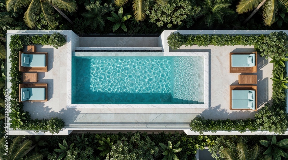 Fototapeta premium Top view of luxury rooftop pool surrounded by lush green plants and modern lounge chairs. Serene aqua water reflects sunlight. This oasis offers ultimate relaxation and upscale vacation vibes.