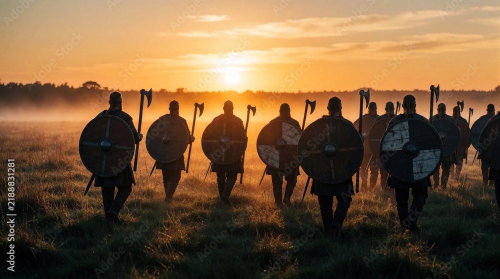 Obraz premium Group of Viking warriors march across misty field at sunset holding shields and axes. Men in armor walk towards golden horizon. Historical scene shows armed soldiers on ancient battlefield.