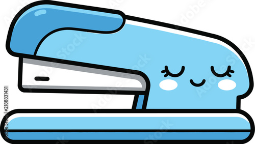 A light blue stapler illustration features closed eyes and rosy cheeks presented with a white background office stationery supplies fastener binding desk equipment cartoon kawaii