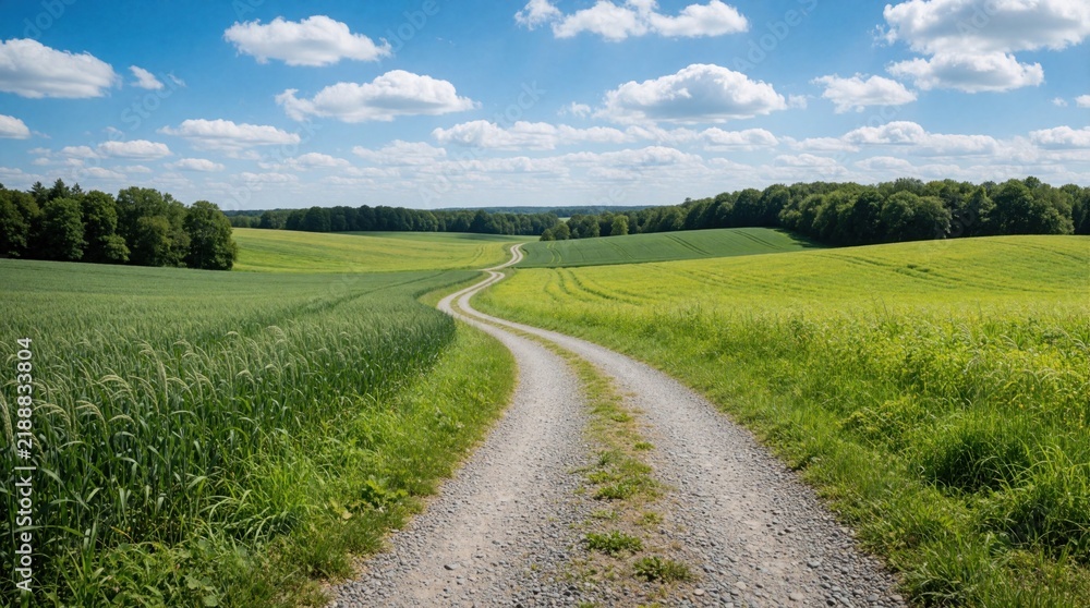 Obraz premium Winding gravel road leads through green summer fields. Scenic dirt path curves across meadow towards forest, hills. Bright blue sky with fluffy white clouds above rural landscape. Peaceful