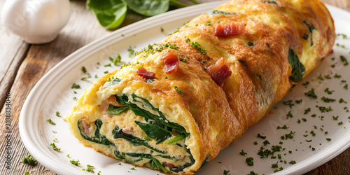 Whole egg roulade filled with spinach bacon and creamy melted cheese