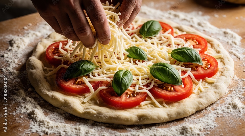 Obraz premium Hands sprinkle shredded cheese onto uncooked pizza. Fresh tomatoes and basil leaves adorn pizza dough. Flour dusts wooden cutting board surface. Preparation of Italian food.
