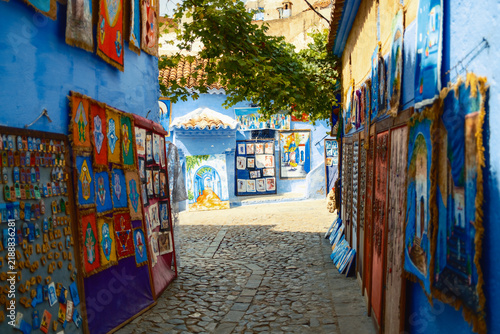 Chefchaouen Colorful blue alley with decoration 