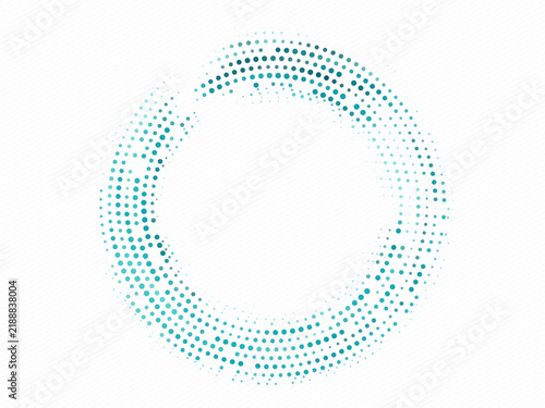Teal fragmented filled circle halftone ring with central copy space