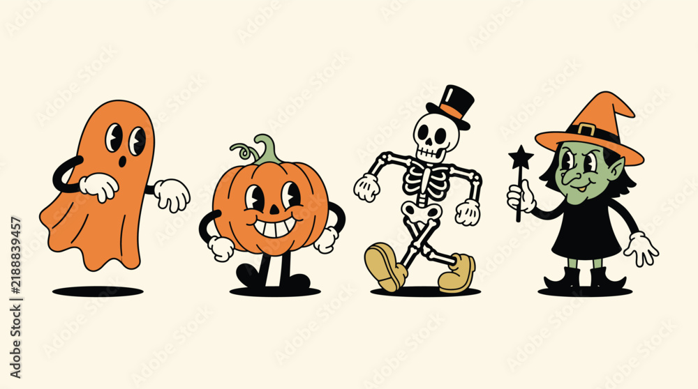 Fototapeta premium Trick or Treat Halloween Pumpkin and Ghost Cartoon Vector Illustration Set with Cute Children, Cat, Dog, Monsters, Skulls and Spooky Holiday Decorations