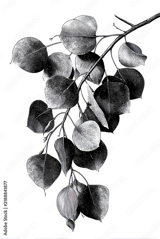 Obraz premium Black and white botanical branch with hanging leaves