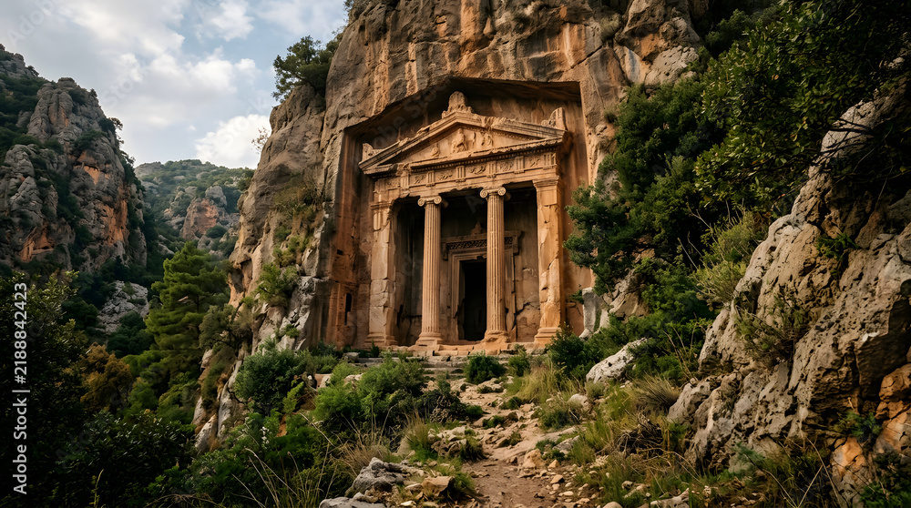 Fototapeta premium Classic stone temple carved into bright mountain rock faces.