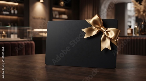 Black gift card with golden bow on a luxury wooden table
