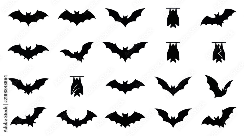 Fototapeta premium Set of black bat silhouettes in various flying and hanging poses for Halloween design.