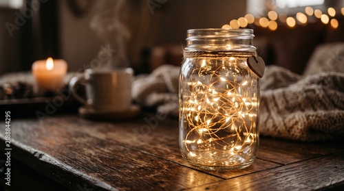 Cozy Jar Lights with Steaming Mug and Candle