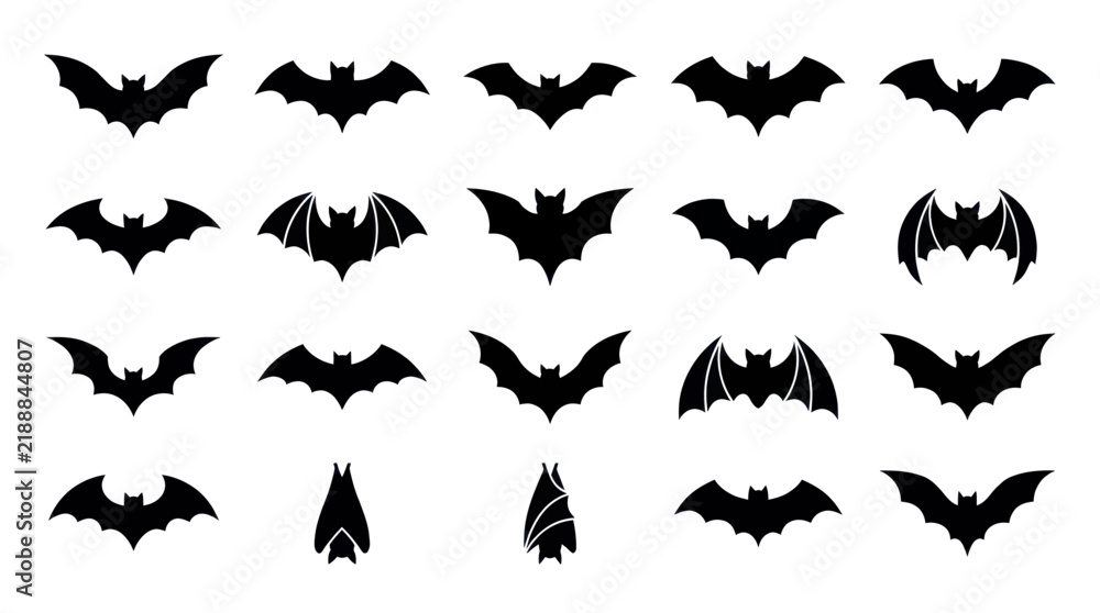Fototapeta premium Collection of various black bat silhouettes isolated on a white background.