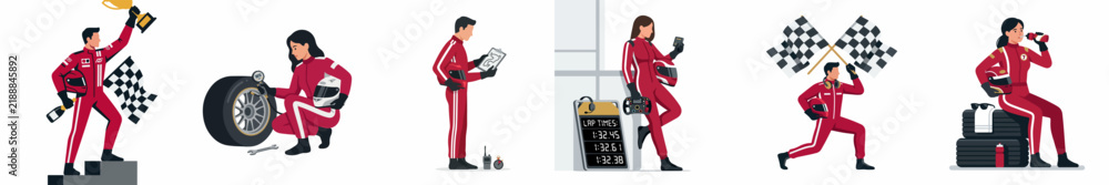 Obraz premium Collection of racing driver character illustrations featuring male and female racers celebrating victory, maintaining equipment, and preparing for race events in various poses.