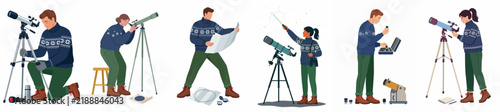Vector illustration collection of amateur astronomers using telescopes, star charts and laptops for stargazing and celestial observation isolated on white background.