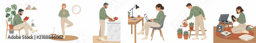 Illustrations of people enjoying productive and relaxing indoor activities at home like yoga, reading, cooking, gardening, working, and listening to vinyl records.