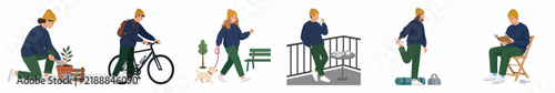 Vector illustrations of a young man engaged in various daily activities like gardening, cycling, walking a dog, relaxing, stretching, and reading at home.