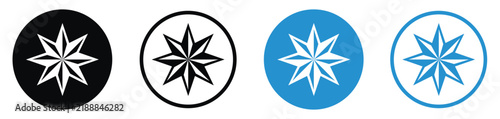 Beveled faceted star icon set in black and blue circular frames. Clean vector illustration for military rank, award, rating, success, premium badge, web button, and modern UI design.
