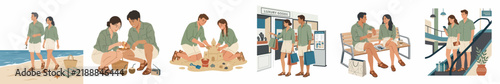 Vector illustration set of a young couple on a summer vacation, featuring beach activities, shopping, and airport travel scenes.