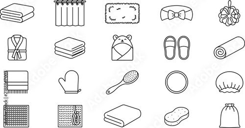 Bath Towel Icon Set with Bathroom Textile and Spa Item Symbols
