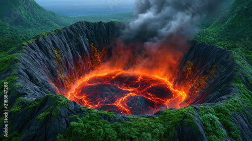 Volcanic crater aerial view molten lava smoke plume jagged rock green forest active volcano glowing magma tropical landscape