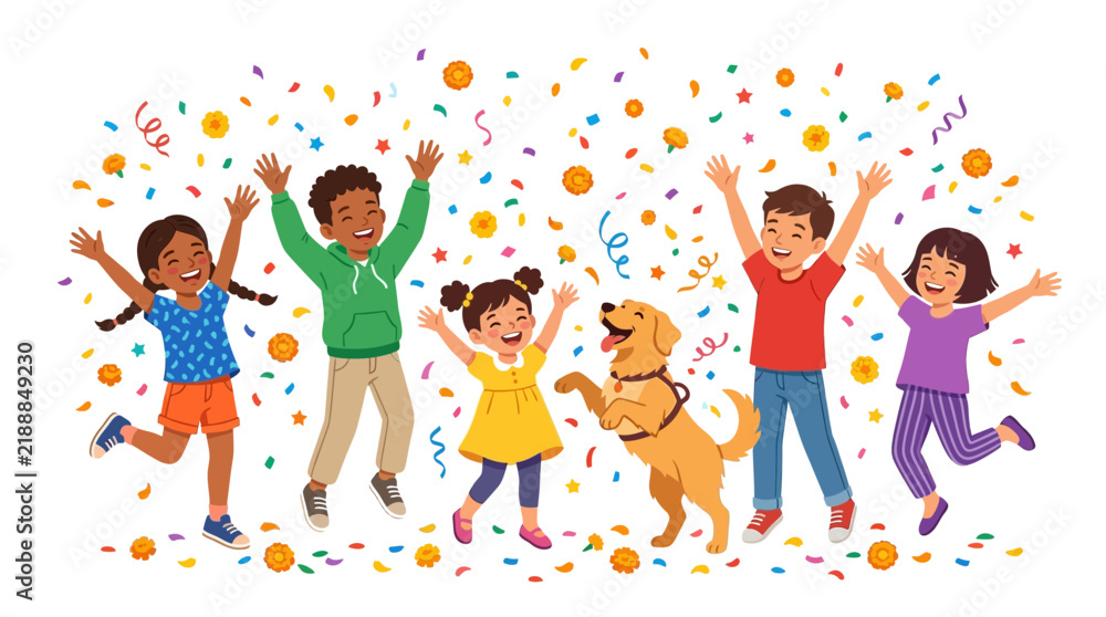 Fototapeta premium Diverse Group of Happy Children and a Golden Retriever Dog Jumping and Celebrating with Colorful Confetti and Flowers on a White Background Vector Illustration