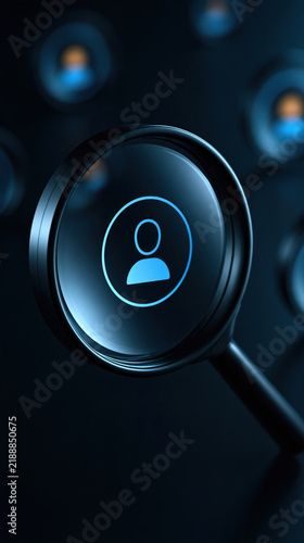 Magnifying glass over user icon on dark digital background, talent search concept with blue glow and blurred profile symbol