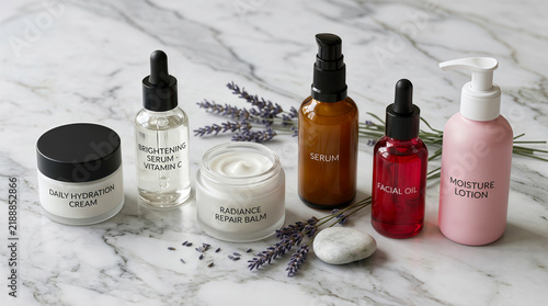 Assorted natural skincare beauty products and lavender on marble background