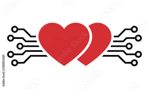 Two stylized red hearts connected by black digital circuit lines and nodes on a white background, representing modern digital love concept