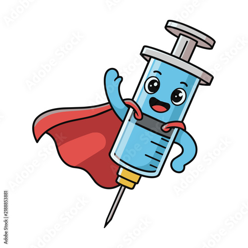 Stylized medical syringe with heroic cape waving friendly on white background heroic healthcare concept