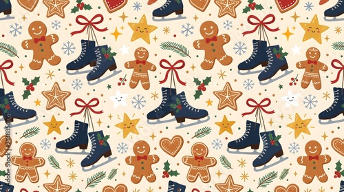 Christmas seamless pattern vector background with Santa Claus, reindeer, snowman, gingerbread man, tree, and holiday elements.