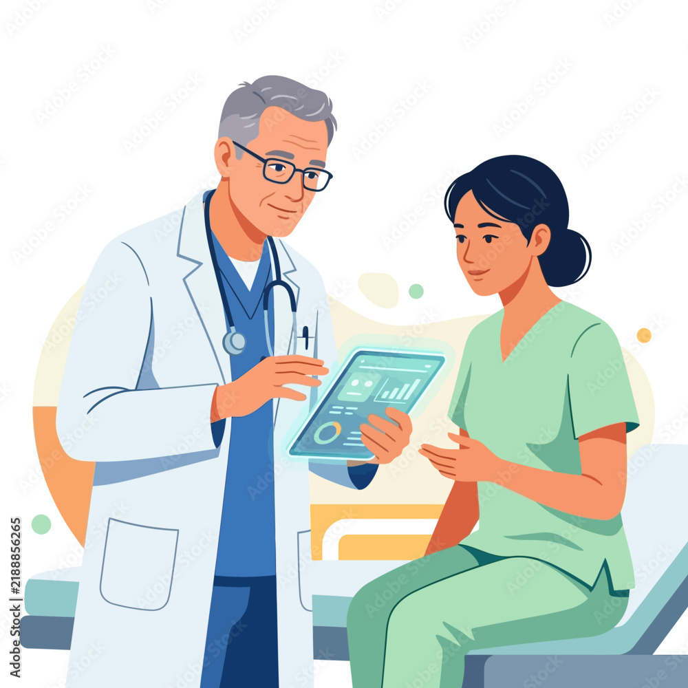 Obraz premium Doctor And Nurse Discussing Medical Data On A Digital Tablet