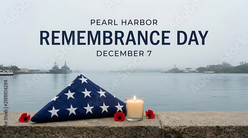 Pearl harbor remembrance day memorial with folded flag and candle