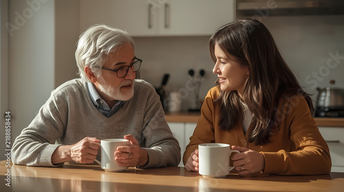 Senior Father Talking with Adult Daughter over Coffee at Home