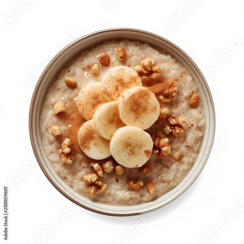 Healthy Oatmeal with Banana Walnuts and Cinnamon Top View