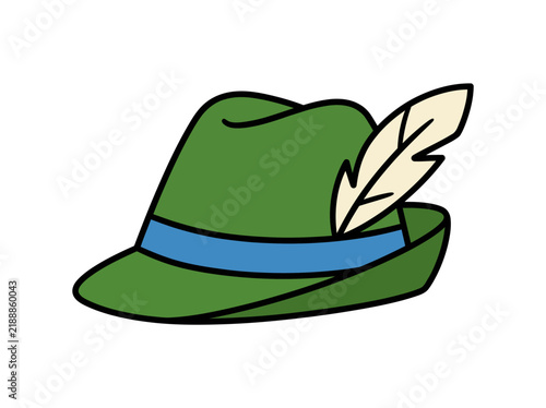 Simple cartoon illustration of a green Tyrolean hat with a blue band and a white feather.