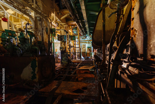 Old rusty abandoned ship engine room