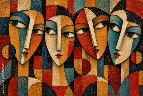 Abstract Cubist Faces Group with Geometric Shapes and Mid Century Modern Style