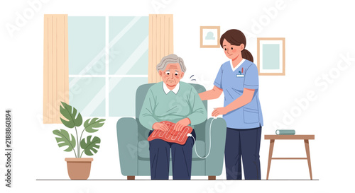 Caring Nurse Attends To Senior Patient With Heating Pad At Home