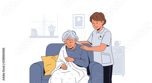 Caring Nurse Comforts Elderly Patient In Armchair With Gentle Touch