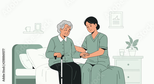 Caring Nurse Comforts Elderly Patient In Medical Room Setting