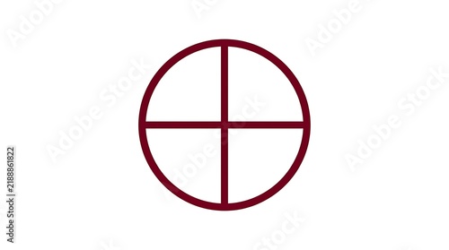 A minimalist vector graphic featuring a dark red circle divided into four equal quadrants by a central cross, isolated on a white background.